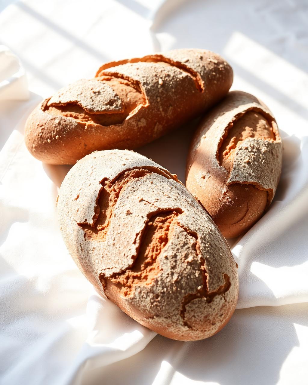 Fresh Italian bread loaves on white linen in daylight
