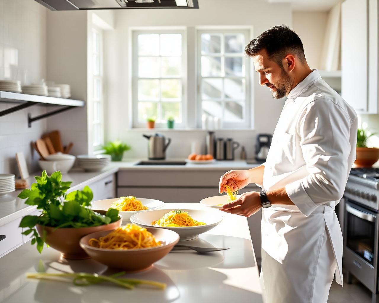 Chef plating fresh pasta in a bright, sunlit kitchen