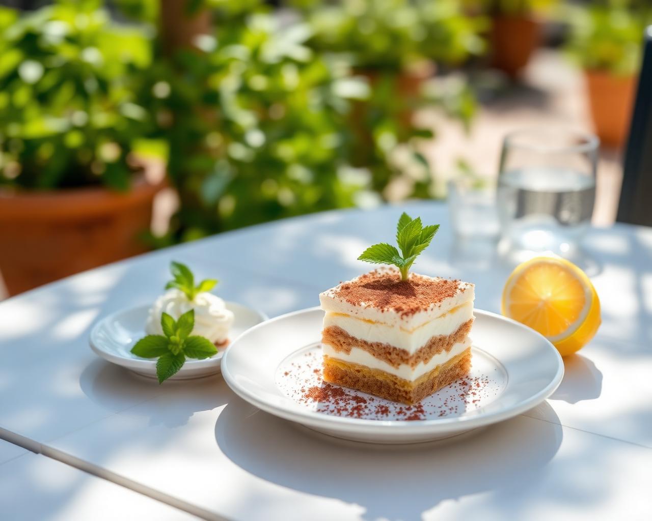 Tiramisù on a white plate on a sunlit table