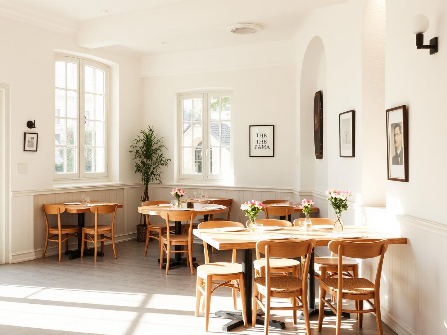 Bright dining room with sunlight through tall windows